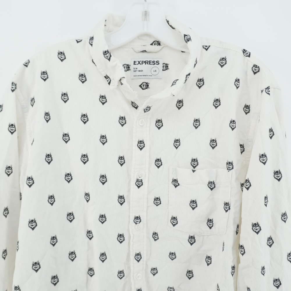Express Button Down Shirt Mens Large White Wolf Print Corduroy Slim Soft Wash